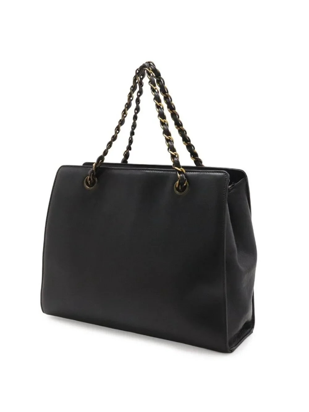 Chanel Chain Handle Tote Leather Black Gold Vintage